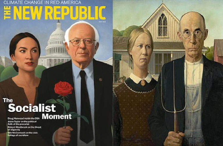 The cover of "The Socialist Moment" issue of <i>The New Republic</i> next to its inspiration, <i>American Gothic</i> by Grant Wood (1930)